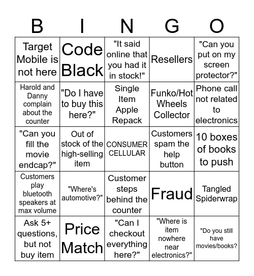 Target Electronics Bingo Card