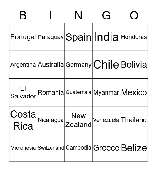 Countries Bingo Card