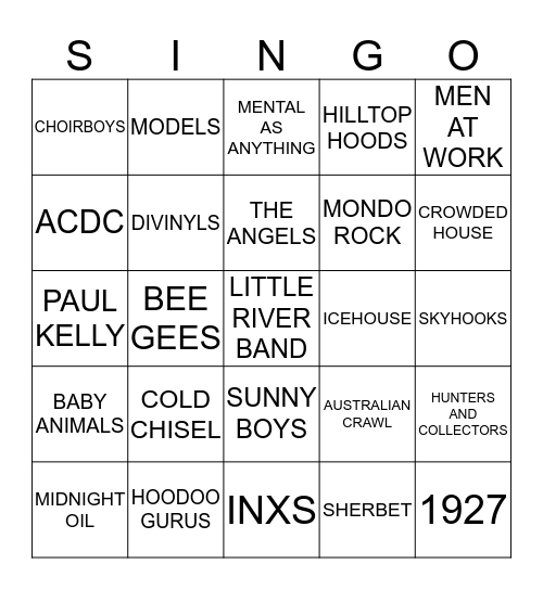 464 CLASSIC AUSSIE BANDS Bingo Card