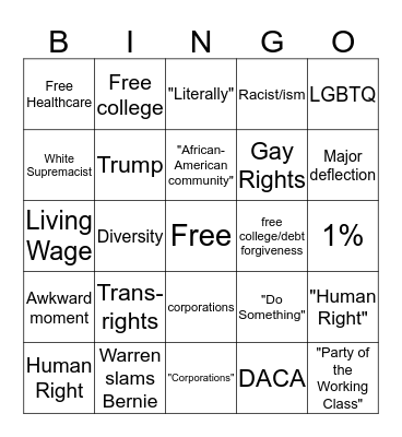 2020 Democratic Debate Bingo Card