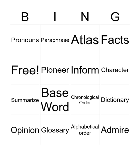 Laila's Vocabulary Bingo Card