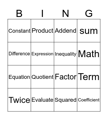 Algebra Terms Bingo Card