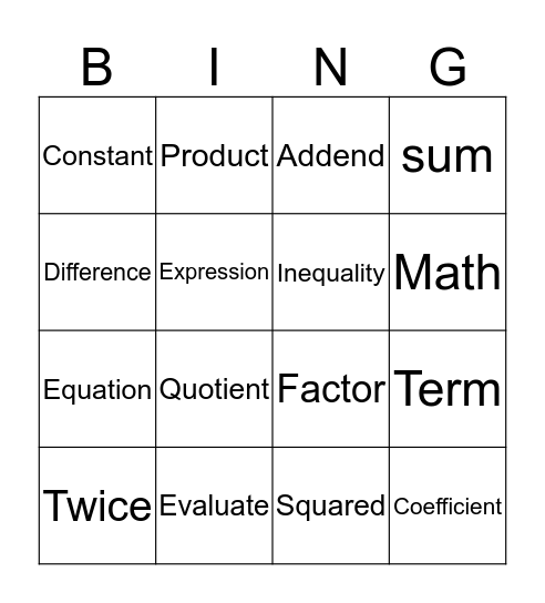 Algebra Terms Bingo Card