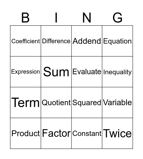 Algebra Terms Bingo Card