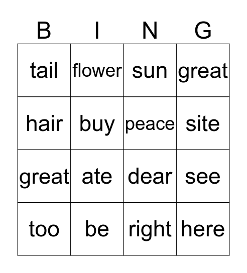Homophones Bingo Card