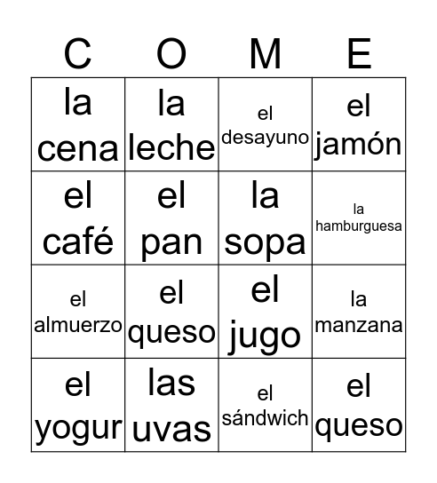 Comida Bingo Card