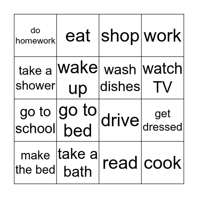 Daily Activities Bingo Card
