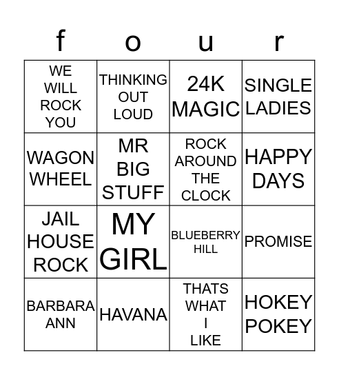 4 corners music Bingo Card