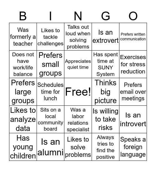 Getting to know you Bingo Card