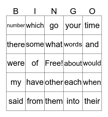 Sight Word Bingo Card