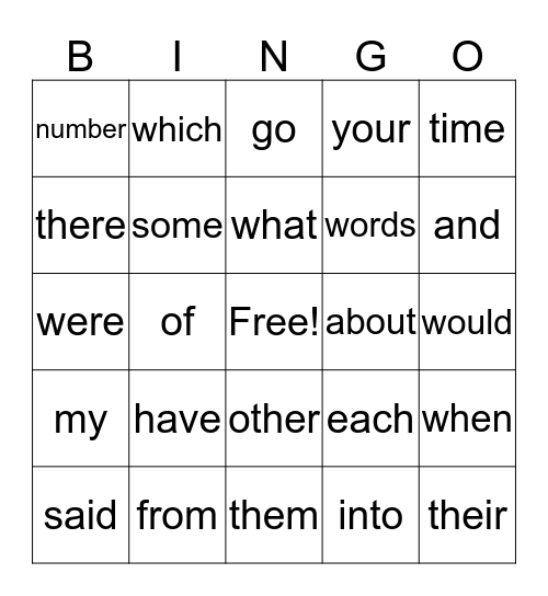 Sight Word Bingo Card