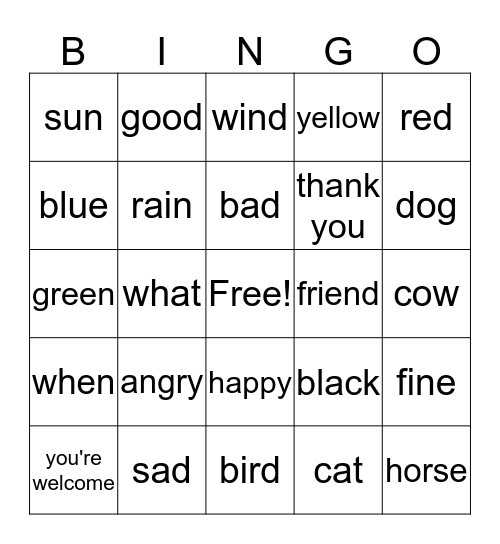 Sign Language Bingo Card