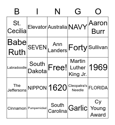 Gleason's Trivial Bingo #6 Bingo Card