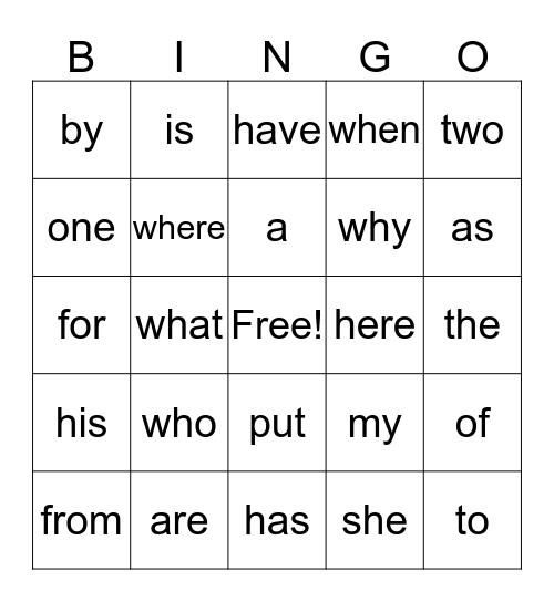 Sight Word Bingo Card