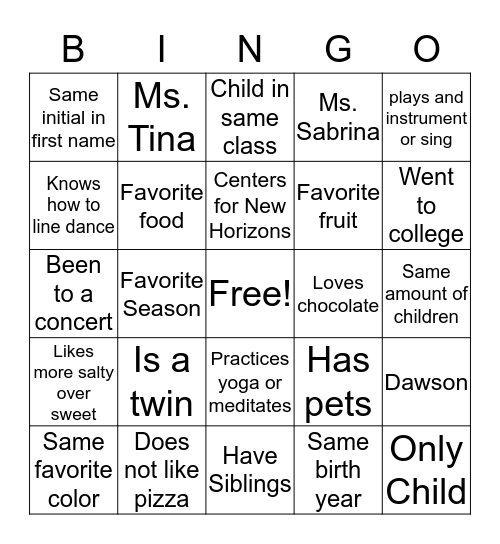 Dawson Bingo Card