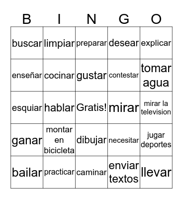 Spanish  -AR  Verbs Bingo Card
