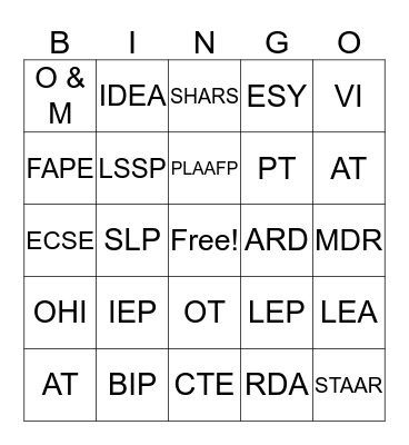 Special Education Bingo Card