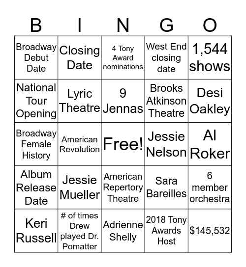 Waitress Bingo Card