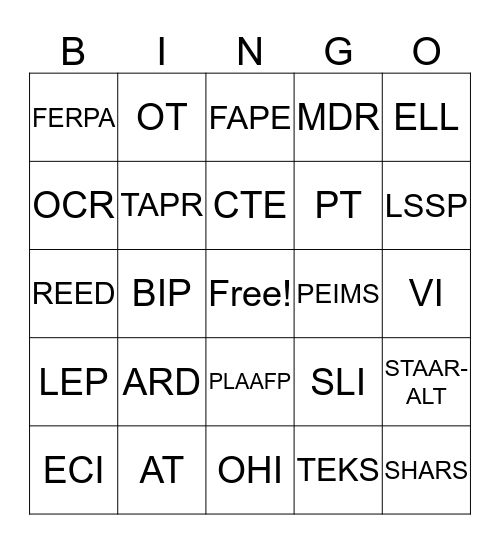 Special Education Bingo Card