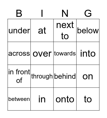 Preposition of place Bingo Card