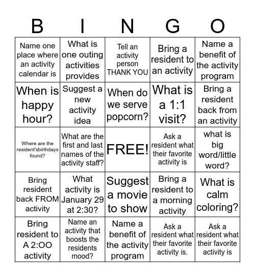 Activity Professional's Week Bingo Card