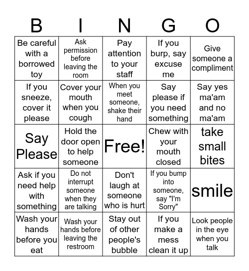 Manners Bingo Card