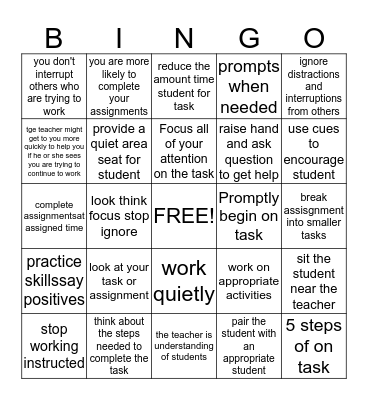 Staying on Task Bingo Card