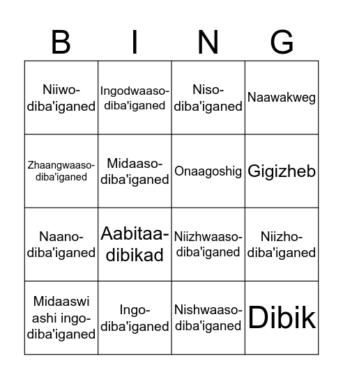 Aaniin endaaso diba'iganeg? Bingo Card