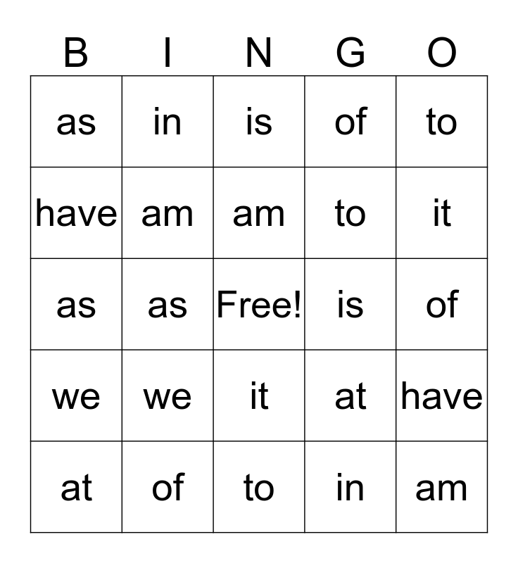 Kindergarten Words List #2 Bingo Card