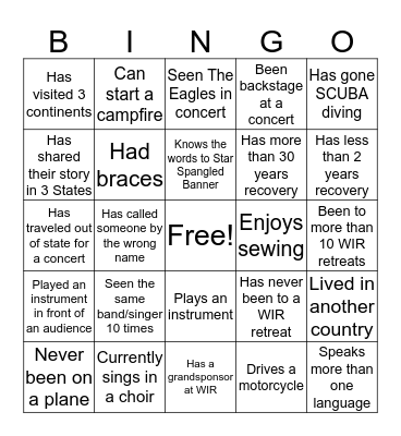 WIR Icebreaker Bingo Card