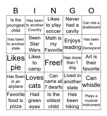 Getting to know you Bingo Card