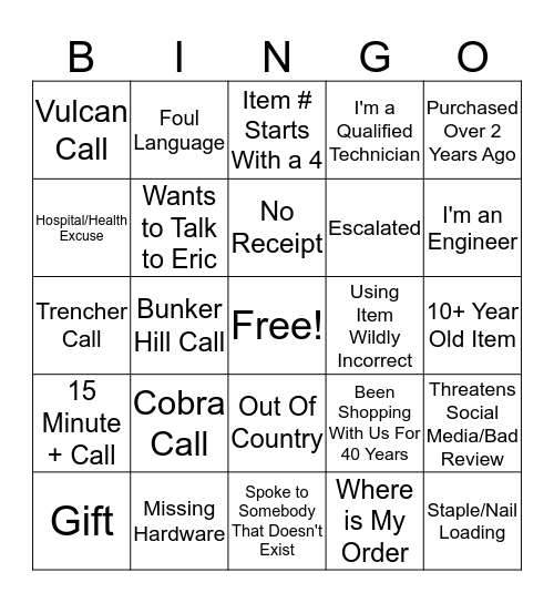 Product Support Bingo Card