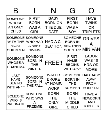 "BABY COUNTDOWN" Bingo Card