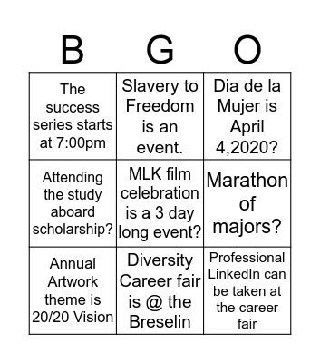 Spring 2020 Events  Bingo Card
