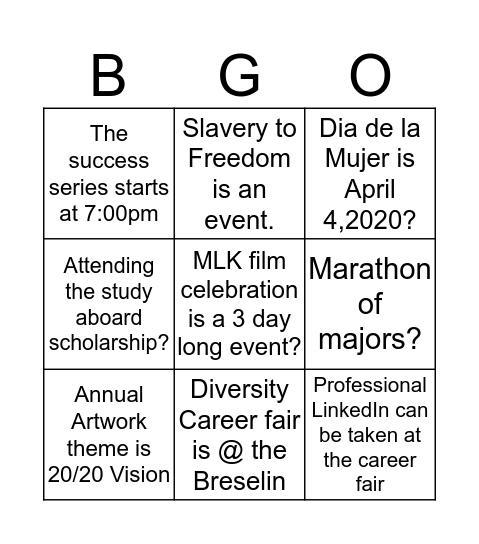 Spring 2020 Events  Bingo Card