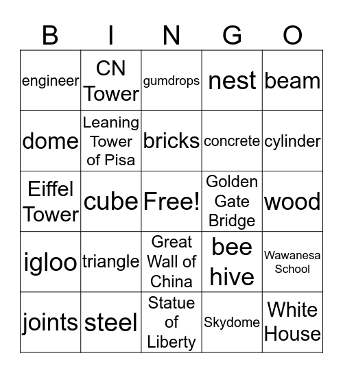 Materials and Structures Bingo Card