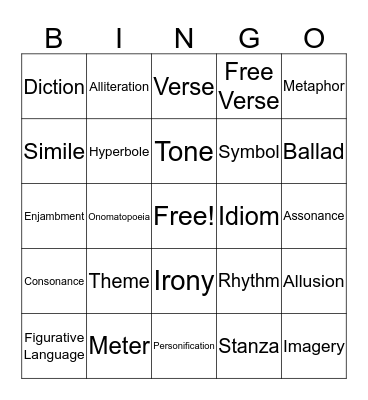 Poetry Bingo Card