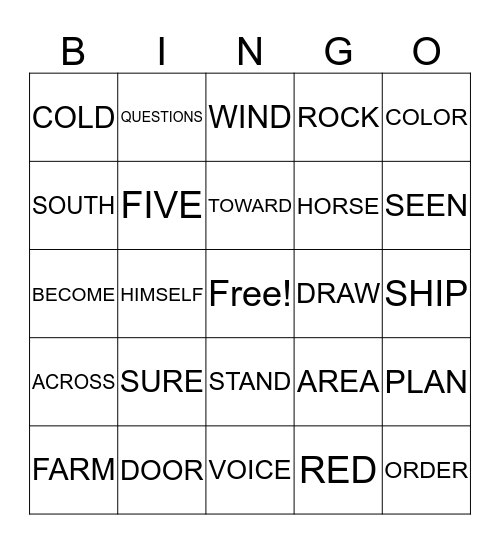 Sight Words BINGO #1 Bingo Card