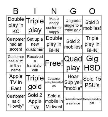 Call Center Bingo Card