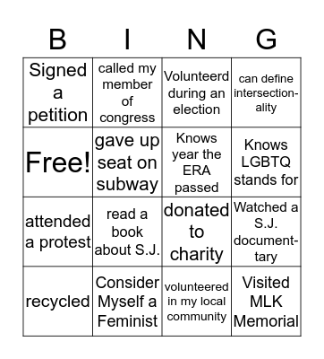 Social Justice Bingo Card