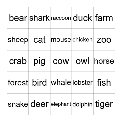 Animal Bingo! Bingo Card