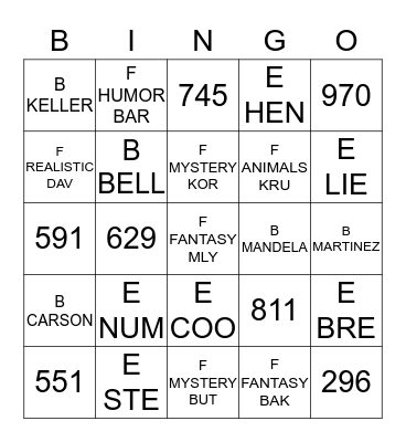 Call Number Bingo Card