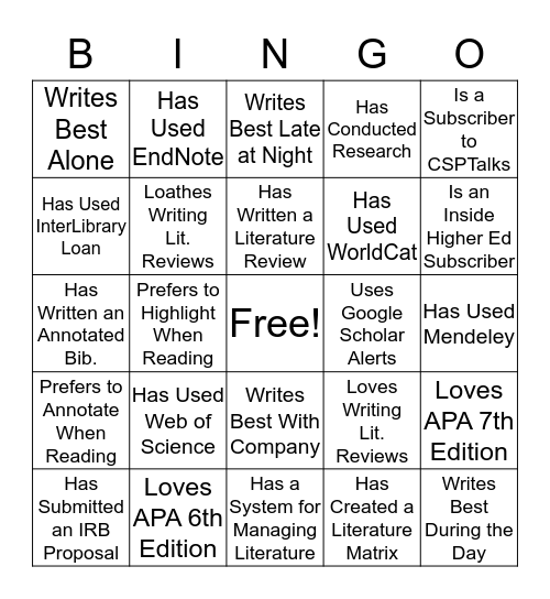 Scholarly Research & Writing Bingo Card