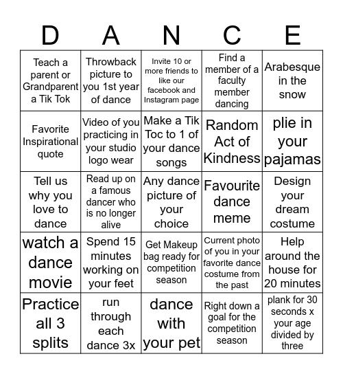 Snow Day Dance Bingo Card