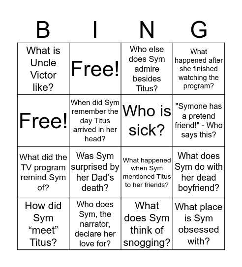 Titus and Sym Bingo Card