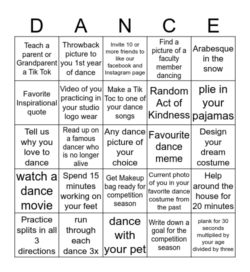 Snow Day Dance Bingo Card