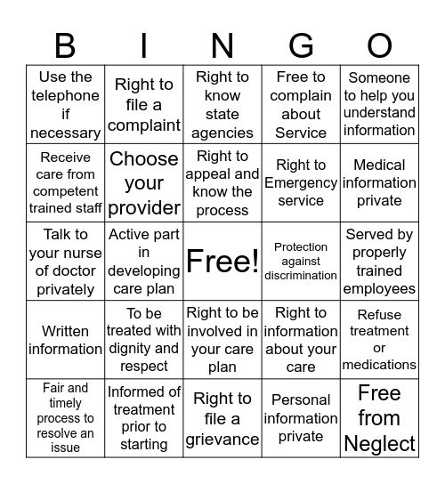 RESIDENT RIGHTS Bingo Card