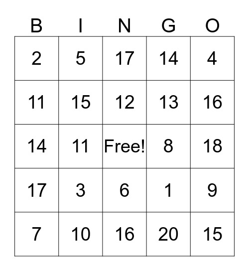 Numeros del 1-20  Bingo Card