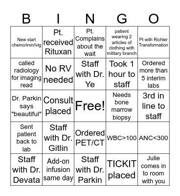 Hematology Clinic BINGOOOO Bingo Card