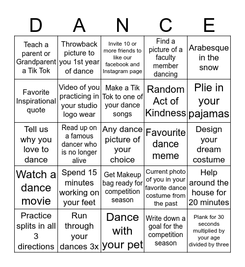 Snow Day Dance Bingo Card